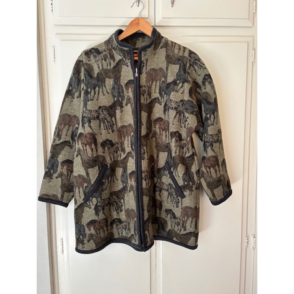 Rare Geiger Austria Boiled Wool Horse Print Full Zip Jacket Olive Green 36